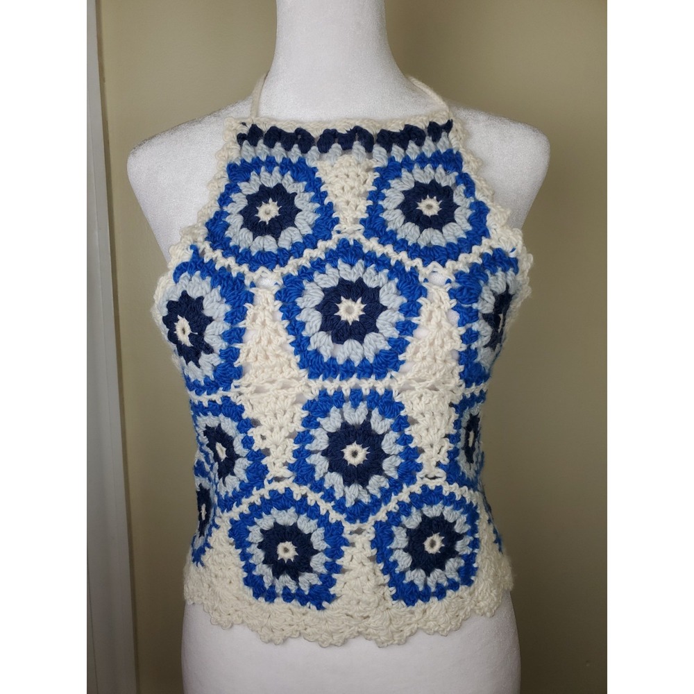 Sea New York Hayden Crocheted Halter Top Blue Granny Square XS Coastal Boho